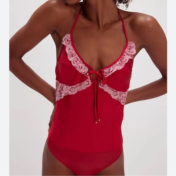 Free People Tops - Free People red lace bodysuit halter top